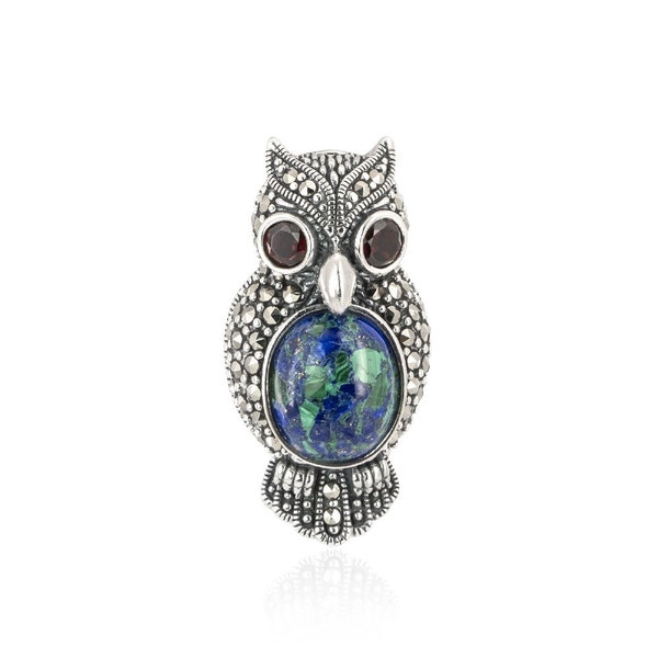 Marcasite Eilat Stone Brooch, Marcasite Stone Brooch, Eilat Jewelry Owl Brooch, Garnet Stones Implanted, Israel Jewelry Gift