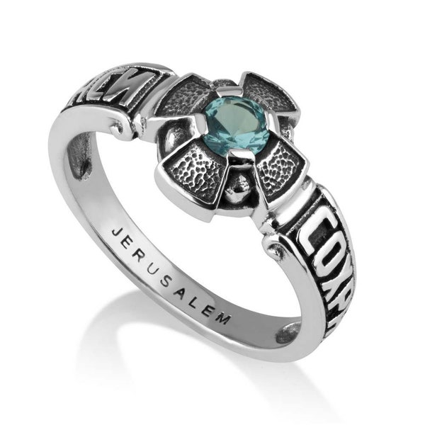 Sterling Silver Ring, Jerusalem Blue Topaz Ring, Russian  Engraved Signet Ring, Topaz Ring, Jerusalem Jewelry Gift