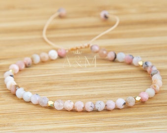 Pink Opal Bracelet Small wrist size Minimalist Dainty Bracelet Chic Healing Meditation 4mm Natural Stone Simple Beads Adjustable Braided UK