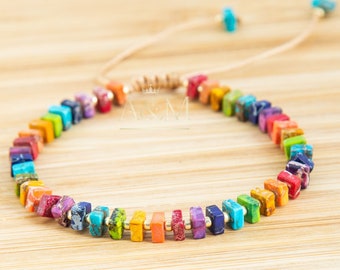 Imperial Jasper Bracelet - Multi-Colored Square Beads, Minimalist Bohemian Jewelry