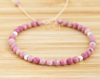 Pulsera de cuentas de rodonita / Joyas minimalistas con piedras preciosas de 4 mm / Pulsera ajustable hecha a mano / Regalo de cumpleaños único para mujeres / Rodonita