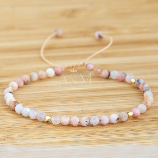 Pink Opal Bracelet Small wrist size Minimalist Dainty Bracelet Chic Healing Meditation 4mm Natural Stone Simple Beads Adjustable Braided UK