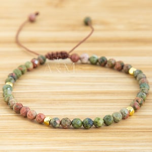 Handmade minimalist bracelet featuring 4mm faceted unakite beads, blending earthy green and pink tones. Adjustable design, perfect for a grounding, heart-centered accessory or a thoughtful, nature-inspired gift.