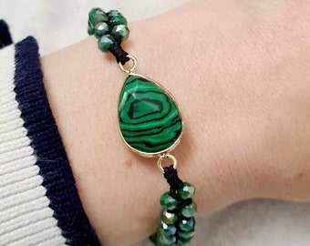 Pulsera con dije de lágrima - Joyería con cuentas de malaquita sintética verde