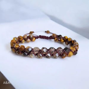 Tiger Eye and Smokey Quartz Beaded Bracelet - Boho Macrame Mixed gemstone Bangle, 6mm Gemstone Beads, Braided Wrap Cuff, Healing Jewellry