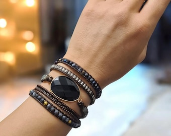 Agate Labradorite Leather Wrap Bracelet, Black Stone Bead, Positive Energy Jewellery