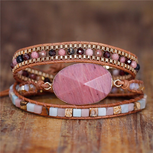 Rhodonite Leather Wrap, Amazonite Boho Bracelet, Garnet Natural Stone Beaded Bracelet, Healing Bracelet Hematite Bangle Rose Quartz Wristlet