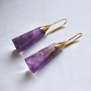 Amethyst Gemstone Earrings, Trapezoid Purple earrings, Engagement Jewellery, Birthday Gift for Her, Natural Stone Earrings,