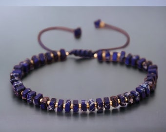 Pulsera de jaspe imperial, cuentas cuadradas azul marino, brazalete bohemio ajustable