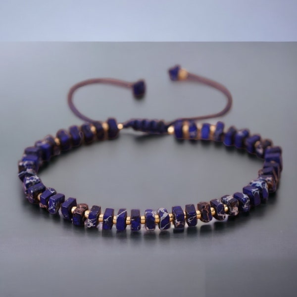 Imperial Jasper Bracelet, Square Navy Blue Beads, Adjustable Boho Bangle
