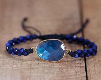 Labradorite Charm Bracelet 4mm Lapis Lazuli beads Handmade braided bracelet Boho Natural Stone  Beads Braided Macrame Handmade Women UK NEW