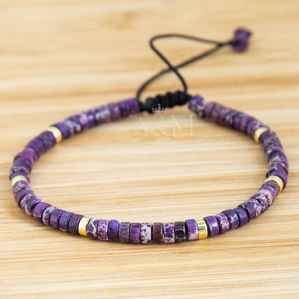 Purple Jasper Beaded Bracelet: Minimalist Boho Cuff, Adjustable