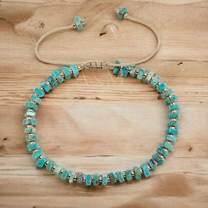 Light Blue Imperial Jasper Cube Beaded Bracelet - Minimalist Boho Jewelry, Adjustable for Small Wrist, Classy Unique Beads, Gift for Women