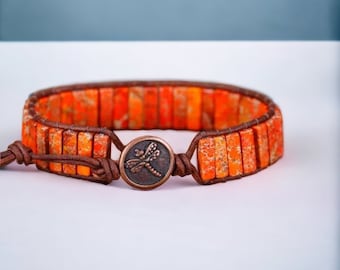 Orange Jasper Leather Wrap Bracelet Bohemian Handmade Yoga Gift Adjustable Jewelry Natural Stone Tube Bead Cuff Bracelet Unique Meditation