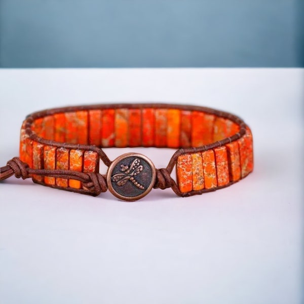 Orange Jasper Leather Wrap Bracelet Bohemian Handmade Yoga Gift Adjustable Jewelry Natural Stone Tube Bead Cuff Bracelet Unique Meditation
