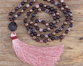 Yoga Garnet Rhodonite Necklace Rose Gold Lava 108 Mala Beads Long Beaded Necklace With Blush Pink Tassel Meditation Jewelry Gifts Women UK