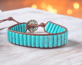 Turquoise Leather Bracelet, Tube beaded Boho Bracelet, Women Men Bracelet Cuff Adjustable Jewellery Healing stone Jewlery