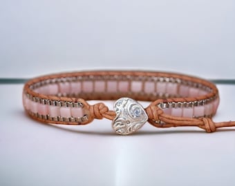 Rose Quartz Leather Wrap Bracelet, Heart Charm, Healing Stone Jewelry