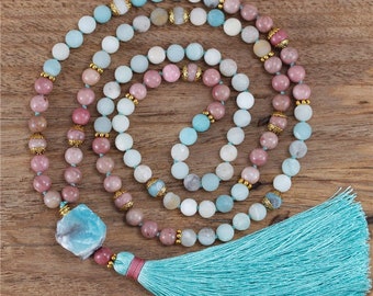 Amazonite Rhodonite 108 Mala Necklace, Tassel Necklace, Natural Stone Yoga Necklace, Meditation Jewelry, Bohemian Yoga Necklace, Free Spirit