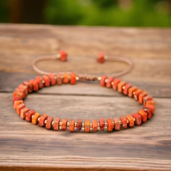 Bracelet en perles carrées délicats Bracelet en jaspe impérial orange 2 x 4 mm Bracelet d'été minimaliste délicat pour femmes Petit poignet réglable Royaume-Uni