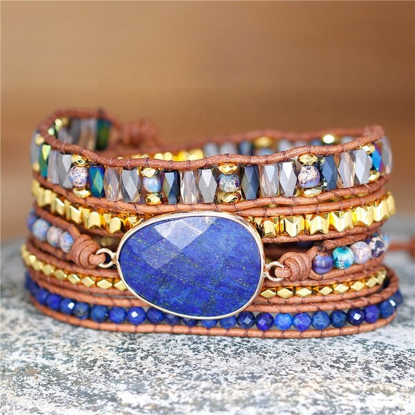 Lapis Lazuli Boho Bracelet Hematite Wrap Handmade Bracelet Sodalite Gift Beaded wrap Crystal Gemstone Bracelet en cuir Bijoux Blue Stone UK