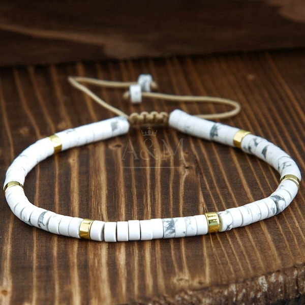 Howlite 4mm Dainty Bracelet Adjustable Calming stone Bracelet Beaded White Gemstone with Gold beads Small Wrist size Women Gift Slide clasp
