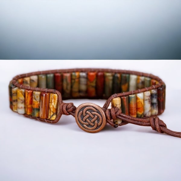 Picasso Jasper Beaded Bracelet Tube beads Leather Boho Bracelet Women Men Bracelet Cuff Adjustable Jewellery Healing stone Jewlery Gift UK