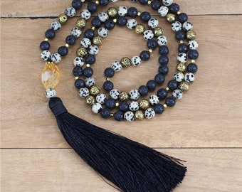 108 Mala Beads Dalmation Necklace Handmade Vintage Yoga Natural Stone Jasper Gold Hematite Lava Necklace Black Tassel Meditation Jewellery