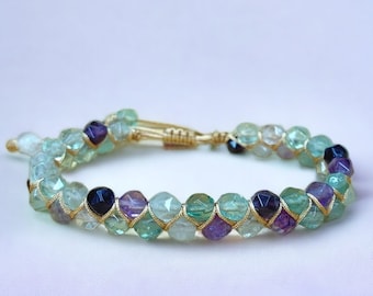 Fluorite Faceted Beaded Bracelet - Handmade Gemstone Jewelry, Multi-Colored, Healing Stones, Boho Chic, Adjustable, Unique Gift - UK