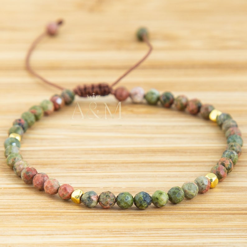 Handmade minimalist bracelet featuring 4mm faceted unakite beads, blending earthy green and pink tones. Adjustable design, perfect for a grounding, heart-centered accessory or a thoughtful, nature-inspired gift.