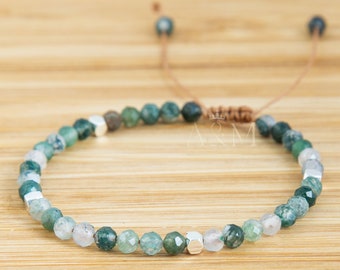 Moss Agate Braided Bracelet - Minimalist 4mm Beads, Dainty Adjustable Jewellery, Birthday Gift for Her, Unique Handmade Gift