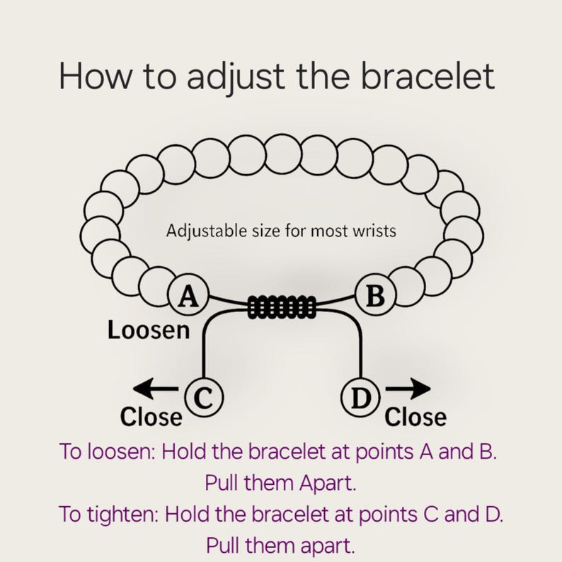 Puede incluir: Diagrama que muestra c&oacute;mo ajustar una pulsera con un nudo deslizante. La pulsera est&aacute; hecha de cuentas y tiene una cuerda con un nudo deslizante. El diagrama muestra c&oacute;mo aflojar o apretar la pulsera tirando de diferentes partes de la cuerda.