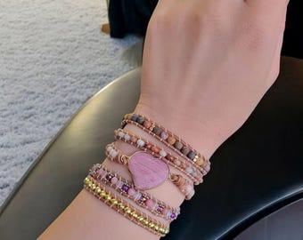 Rhodonite Heart 5-Wrap Bracelet, Shoushan Jasper, Picasso Jasper, Bohemian Leather