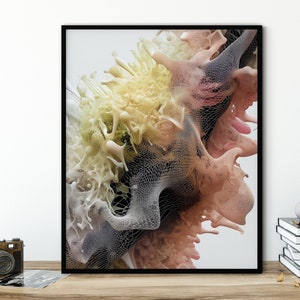 May include: Abstract art print featuring a colourful, organic, and textured design with a white background. The design is made up of a series of overlapping shapes and lines, creating a sense of depth and movement.