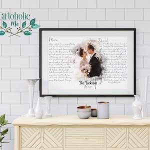 Wedding Vow Art, Custom Wedding Vow Framed Canvas Vow Print, Watercolor Couple Portrait and Vow, 1st Anniversary Gift, Bedroom Wall Decor