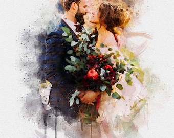 Wedding Illustration, Custom Portrait from Photo, Wedding Gift, Anniversary Gift, Couple Illustration, Wedding Portrait, Wall Art