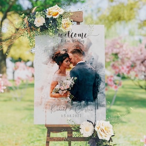 Wedding Welcome Sign Watercolor, Unique Wedding Decor from Couple Portrait, Photo Wedding Sign, Unique Wedding Decoration, Wedding Entrance