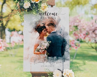 Wedding Welcome Sign Watercolor, Unique Wedding Decor from Couple Portrait, Photo Wedding Sign, Unique Wedding Decoration, Wedding Entrance