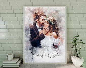 Custom Watercolour Couple Illustration, Family Painting from Photo, Wedding Anniversary Engagement Gift for Husband Wife Boyfriend, Wall Art