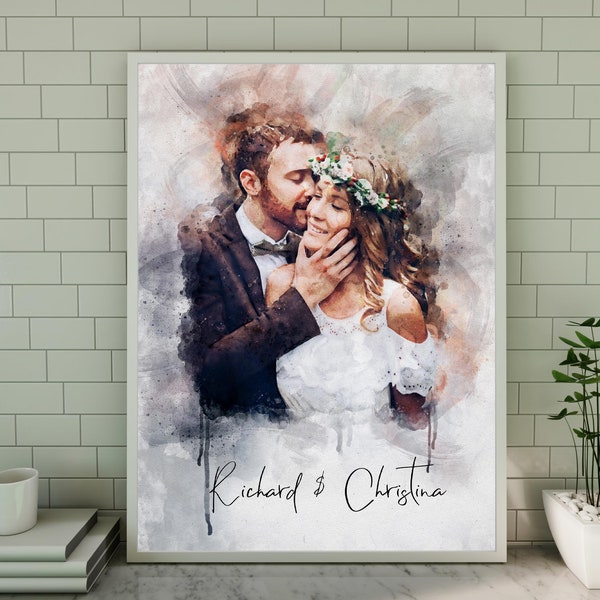 Custom Watercolour Couple Illustration, Family Painting from Photo, Wedding Anniversary Engagement Gift for Husband Wife Boyfriend, Wall Art