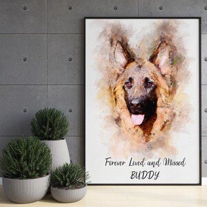 May include: A watercolor painting of a German Shepherd dog with a pink tongue sticking out. The background is a soft white with a light brown watercolor wash. The text "Forever Loved and Missed BUDDY" is written in black at the bottom of the painting.