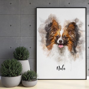 May include: Watercolor painting of a brown and white papillon dog with its tongue sticking out. The dog's name, "Nala", is written in black below the dog.
