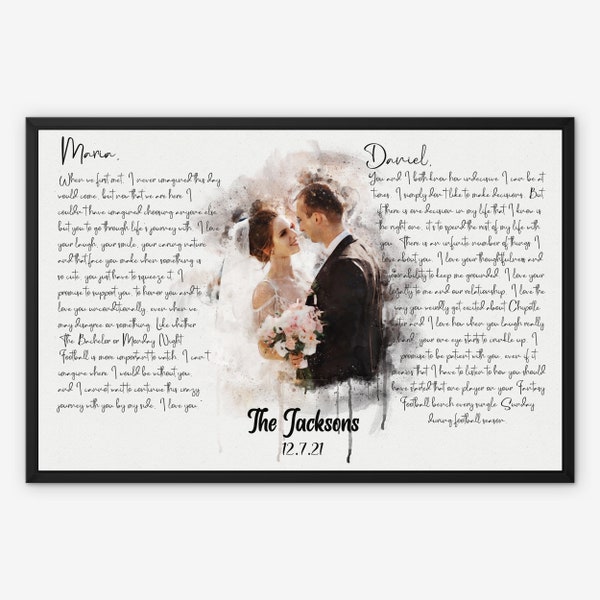 Personalised Wedding Vows Framed Canvas, 1st Anniversary Gift, Vow Prints with Watercolour Couple Portrait, Gift for Husband Wife Partner