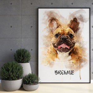 May include: Watercolor painting of a French Bulldog with the name "BROWNIE" written below. The dog is light brown with a white chest and has its tongue sticking out.