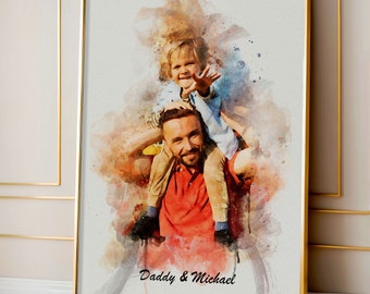 Fathers Day Gift Personalised Watercolor Portrait, Gift for Father Dad Him Granddad, Birthday Gift for Dad, Gift from Wife, Gifts for Father