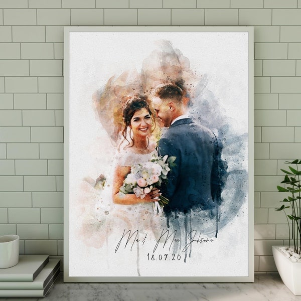 Custom Art Print from Photo, Couple Portrait Gift for Wedding Anniversary Engagement, Watercolor Portrait Painting from Photo, Gift for Him