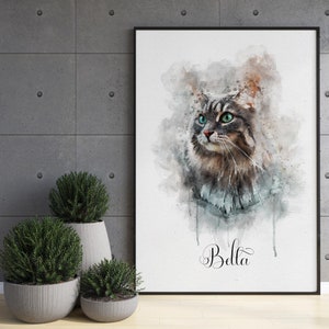 May include: Watercolor painting of a cat with green eyes. The cat is looking to the left. The background is a light blue watercolor wash. The cat's name, "Bella", is written in cursive at the bottom of the painting.
