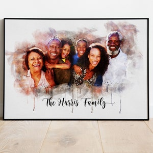 May include: A watercolor painting of a family portrait. The family is smiling and standing together. The painting is in a black frame and has a white background. The text "The Harris Family" is written below the family portrait.