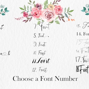Pode incluir: Um fundo branco com um design floral no topo. A imagem mostra 18 estilos de fonte diferentes numerados de 1 a 18. O texto "Escolha um n&uacute;mero de fonte" est&aacute; na parte inferior da imagem.