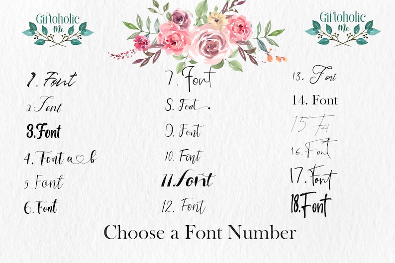 Pode incluir: Um fundo branco com um design floral no topo. A imagem mostra 18 estilos de fonte diferentes numerados de 1 a 18. O texto "Escolha um n&uacute;mero de fonte" est&aacute; na parte inferior da imagem.